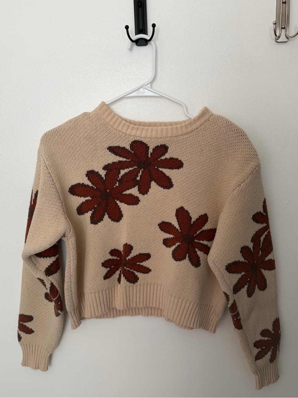 La Hearts Beige Sweater with Rust Floral Motif